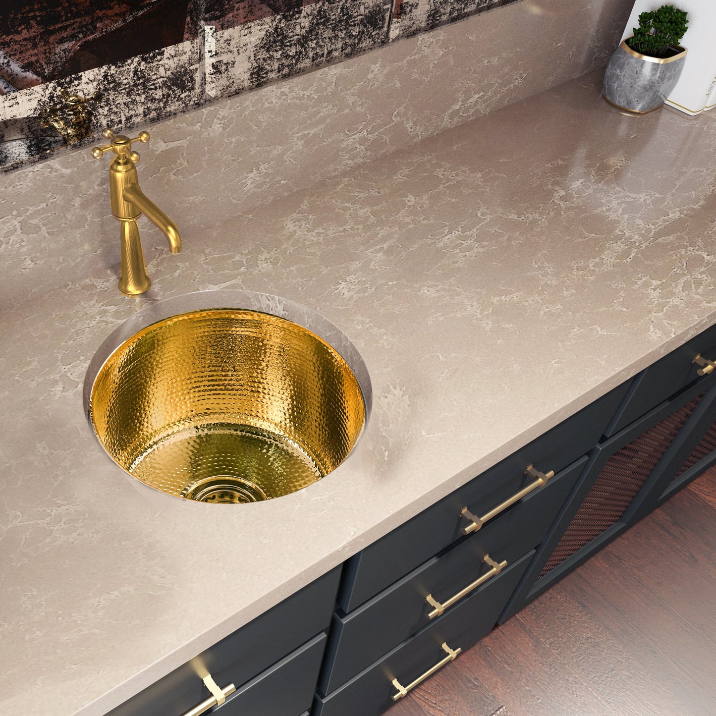Nantucket Sinks Brightwork Home 15" Round Undermount or Overmount Polished Brass Single Bowl Hammered Bar Sink