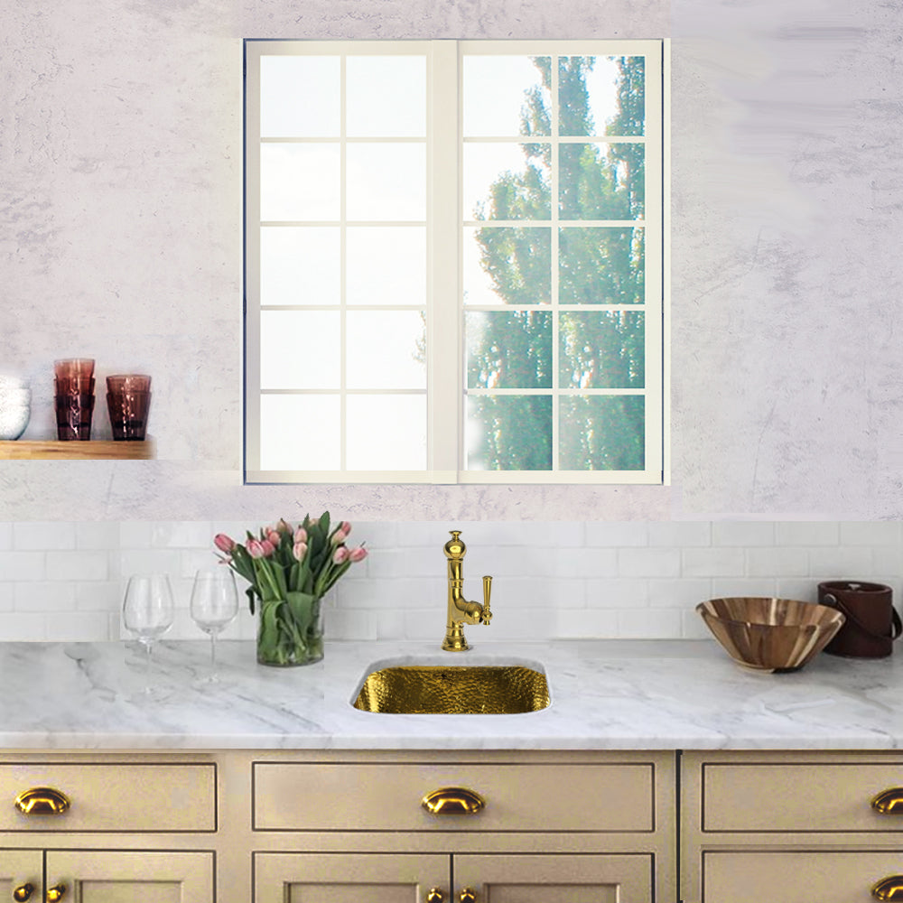 Nantucket Sinks Brightwork Home 17" Square Undermount or Overmount Polished Brass Single Bowl Hammered Bar Sink