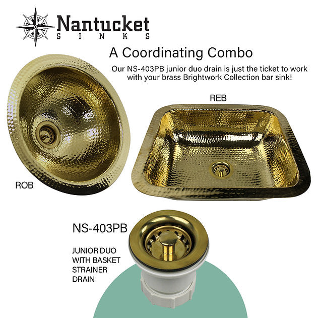 Nantucket Sinks Brightwork Home 18" Rectangle Undermount or Overmount Polished Brass Single Bowl Hammered Bar Sink