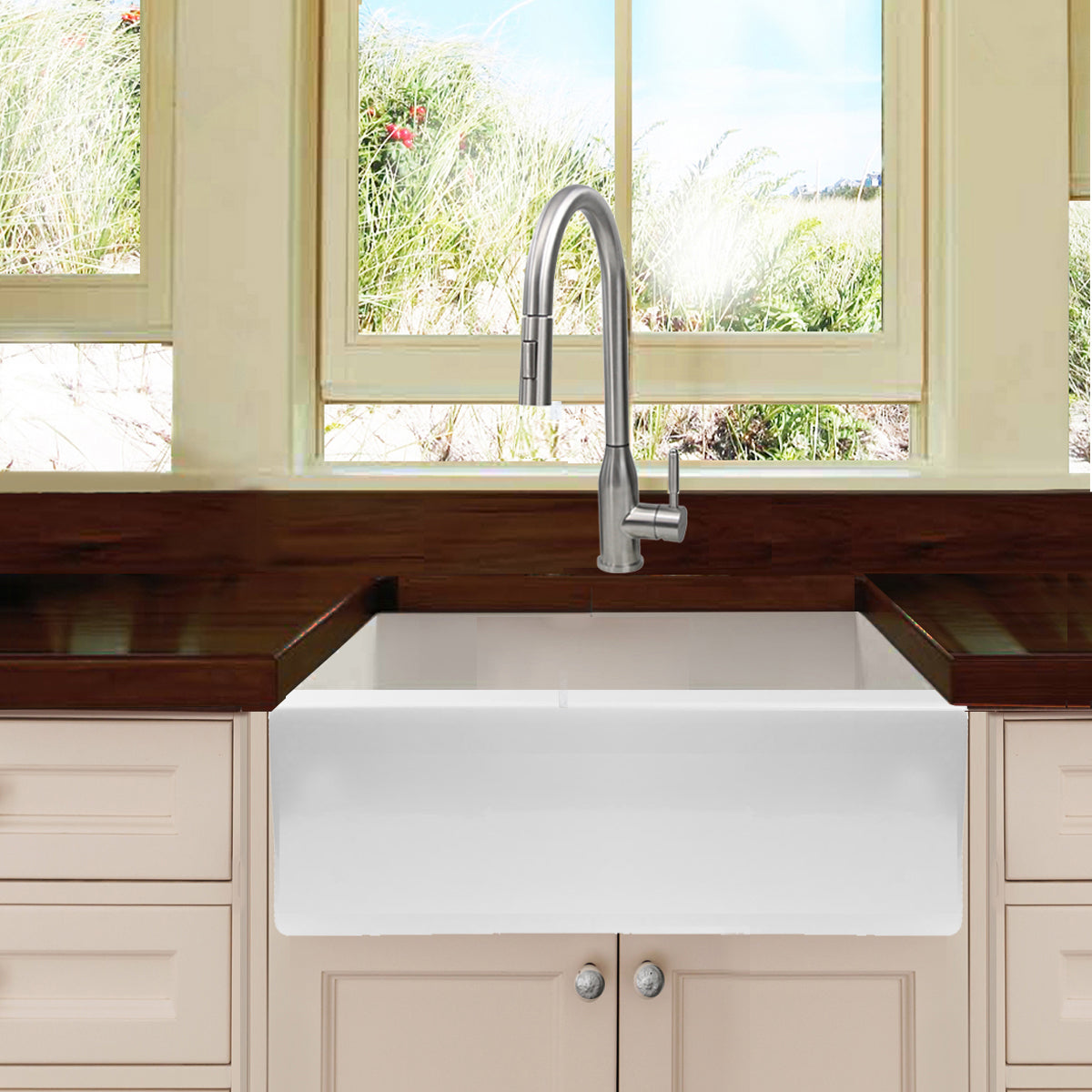 Nantucket Sinks Cape Collection 24" Rectangle Undermount Porcelain Enamel Glaze White Fireclay Single Bowl Farmhouse Apron Kitchen Sink