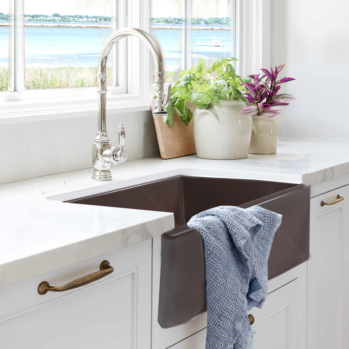 Nantucket Sinks Cape Collection 30" Rectangle Undermount Porcelain Enamel Glaze Coffee Brown Fireclay Single Bowl Farmhouse Apron Kitchen Sink