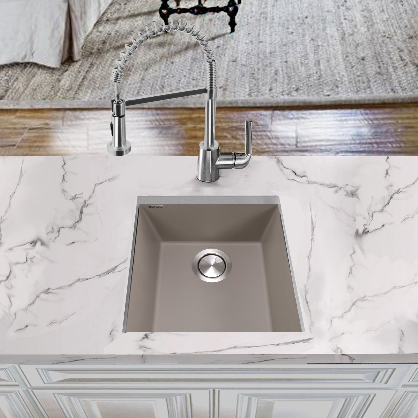 Nantucket Sinks Plymouth Collection 16" Rectangle Undermount Matte Truffle Granite Composite Single Bowl Bar/Prep Sink