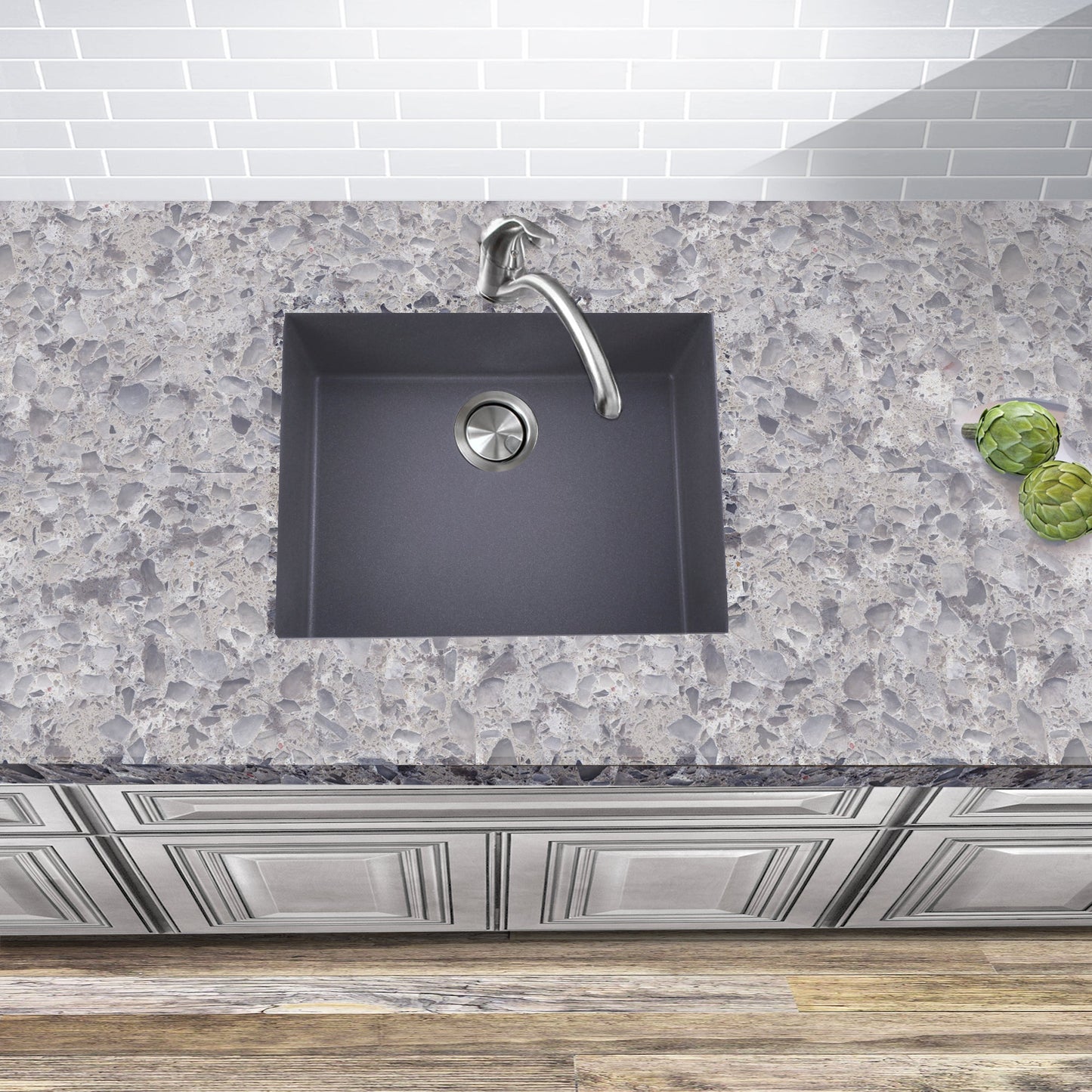 Nantucket Sinks Plymouth Collection 24" Rectangle Undermount Matte Titanium Granite Composite Single Bowl Kitchen Sink