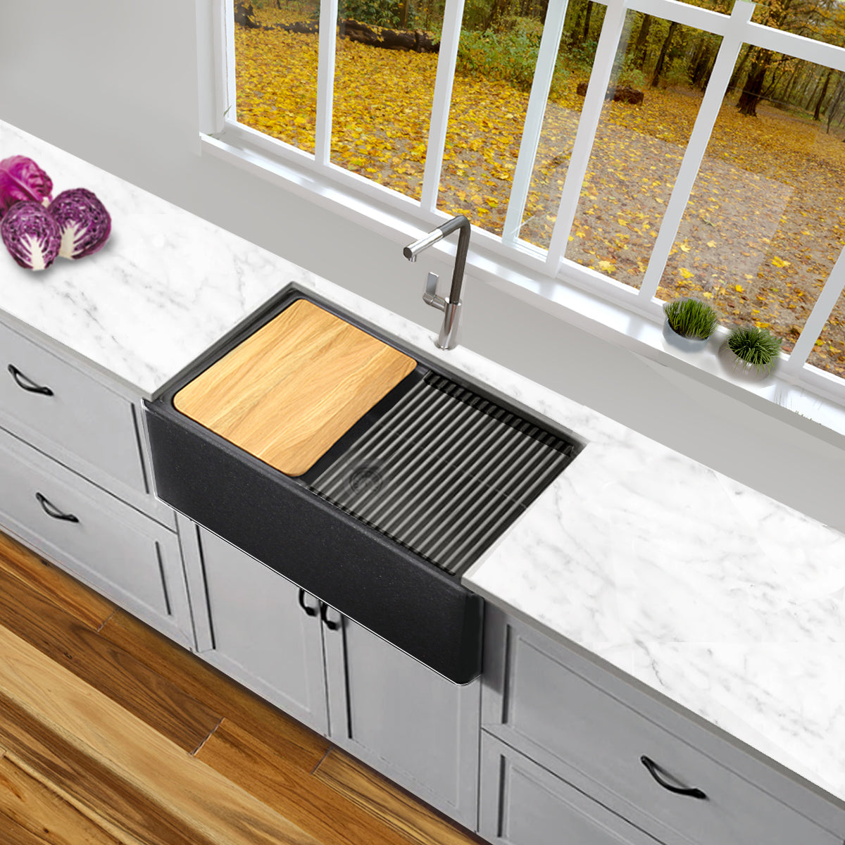 Nantucket Sinks Plymouth Collection 30" Rectangle Undermount Matte Black With Metallic Flecks Granite Composite Single Bowl Apron Reversible Workstation Kitchen Sink With Accessory Pack
