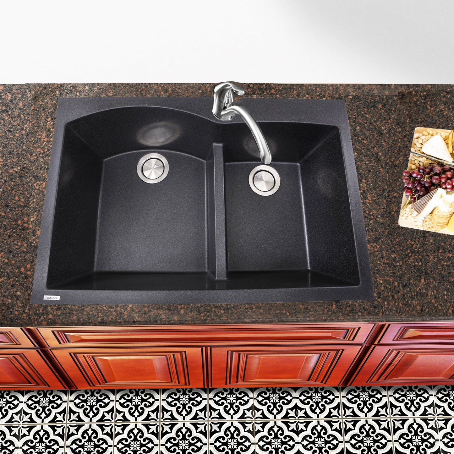 Nantucket Sinks Plymouth Collection 33" Irregular/Rectangle Dual-mount Matte Black Granite Composite 60/40 Double Bowl Kitchen Sink
