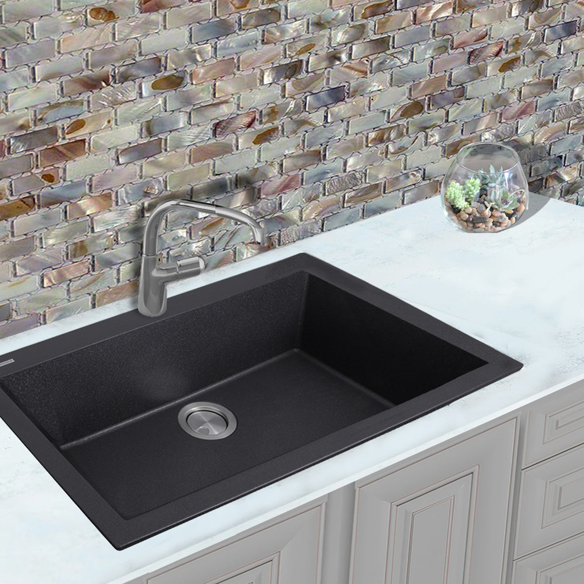 Nantucket Sinks Plymouth Collection 33" Rectangle Dual-mount Matte Black With metallic flecks Granite Composite Single Bowl Kitchen Sink