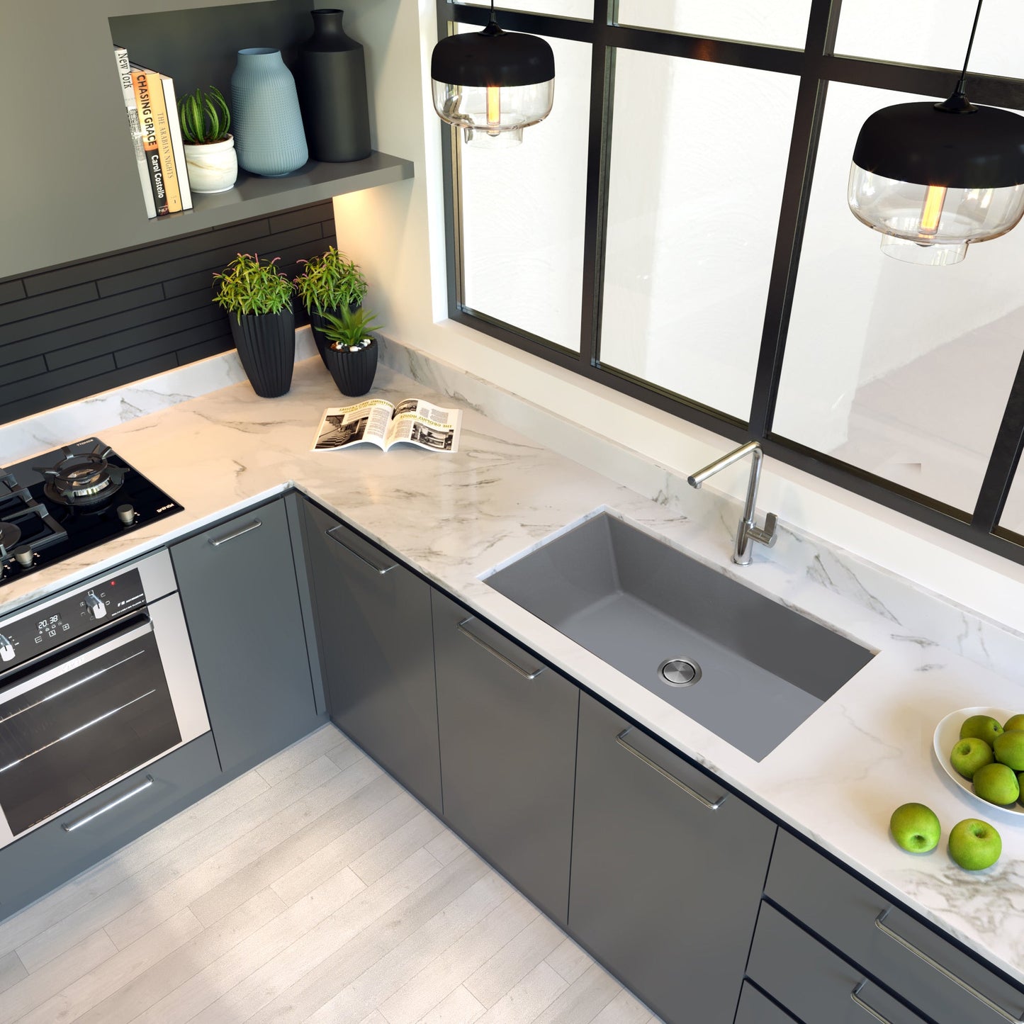 Nantucket Sinks Plymouth Collection 33" Rectangle Undermount Matte Titanium Granite Composite Single Bowl Kitchen Sink