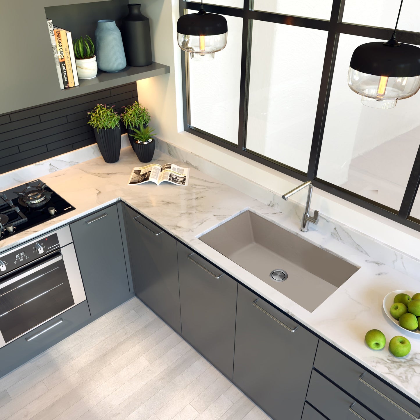 Nantucket Sinks Plymouth Collection 33" Rectangle Undermount Matte Truffle Granite Composite Single Bowl Kitchen Sink