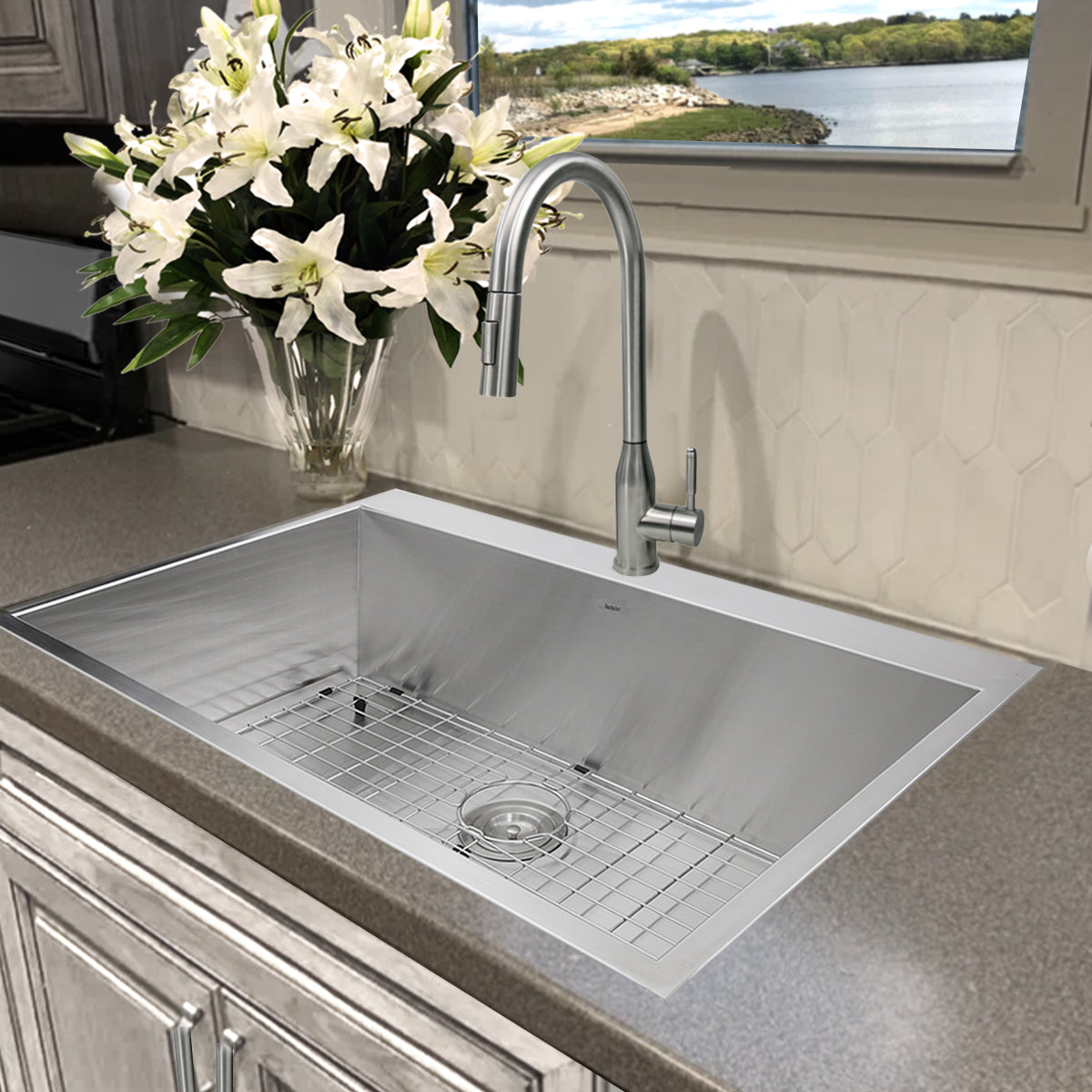 Nantucket Sinks Premium Kitchen " Satin Nickel Silver Brass Goose Neck Pull-Down Faucet With Modern Styling