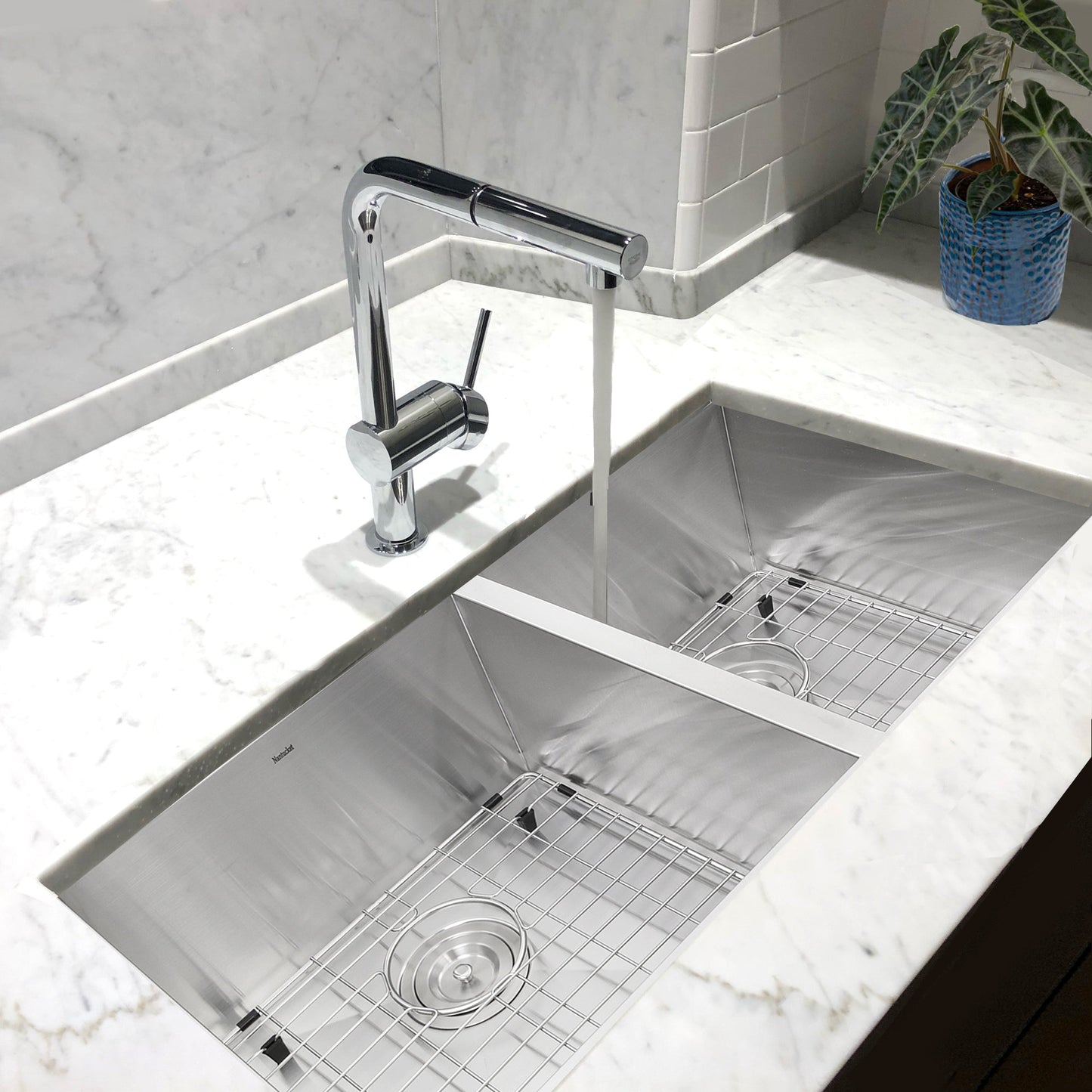 Nantucket Sinks Pro Series 32" Rectangle Undermount Brushed Satin Silver 304 Stainless Steel 55/45 Offset Double Bowl Zero Radius Kitchen Sink