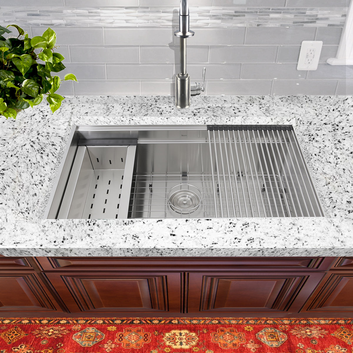 Nantucket Sinks Pro Series 32" Rectangle Undermount Brushed Satin Silver 304 Stainless Steel Large Prep Station Single Bowl Kitchen Sink With Included Rolling Mat, Grid, Colander, and Drain