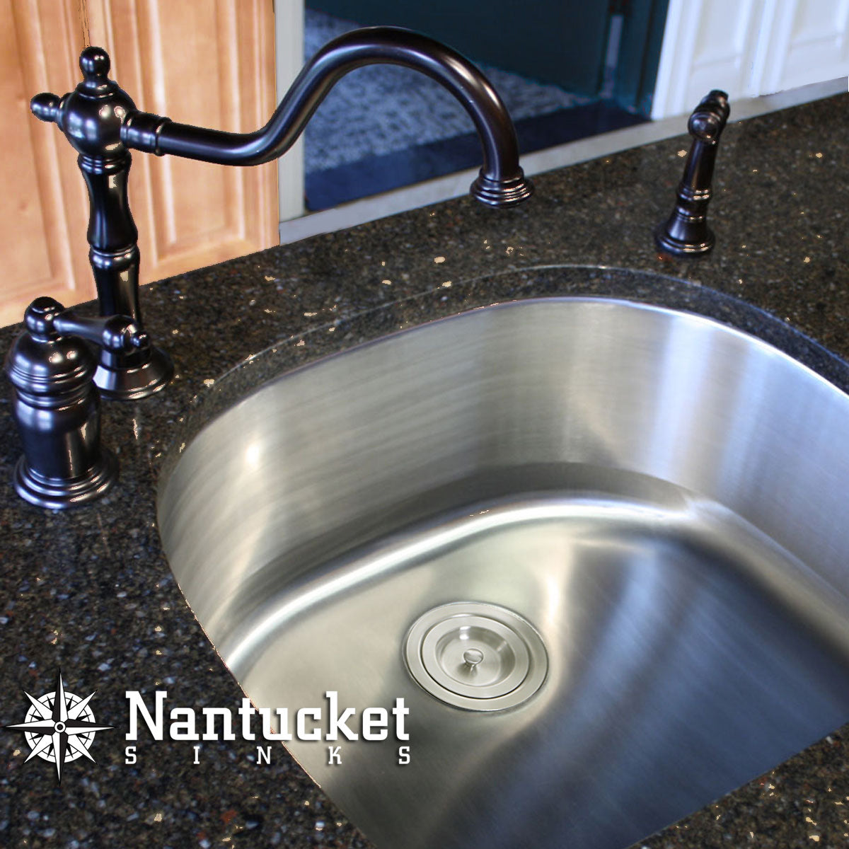 Nantucket Sinks Sconset Collection 24" D-Bowl Undermount Brushed Satin Silver 304 Stainless Steel Single Bowl 16-Gauge Kitchen Sink