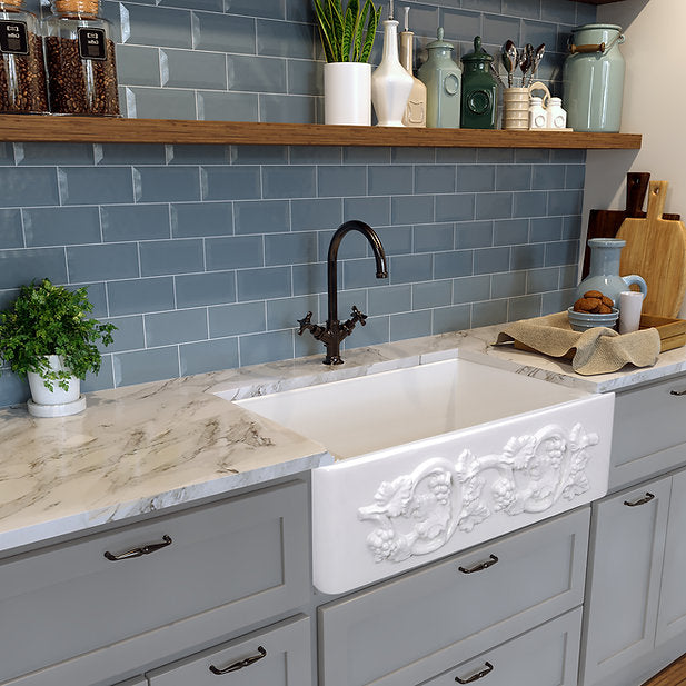 Nantucket Sinks Vineyard 33" Farmhouse Fireclay Kitchen Sink With Grapes Vine Motif Apron