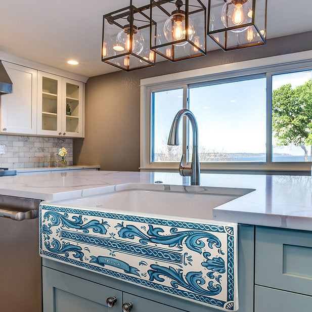 Nantucket Sinks Vineyard 33" Porcelain Enamel Glaze Fireclay Farmhouse Apron Rectangle White/Blue Sink