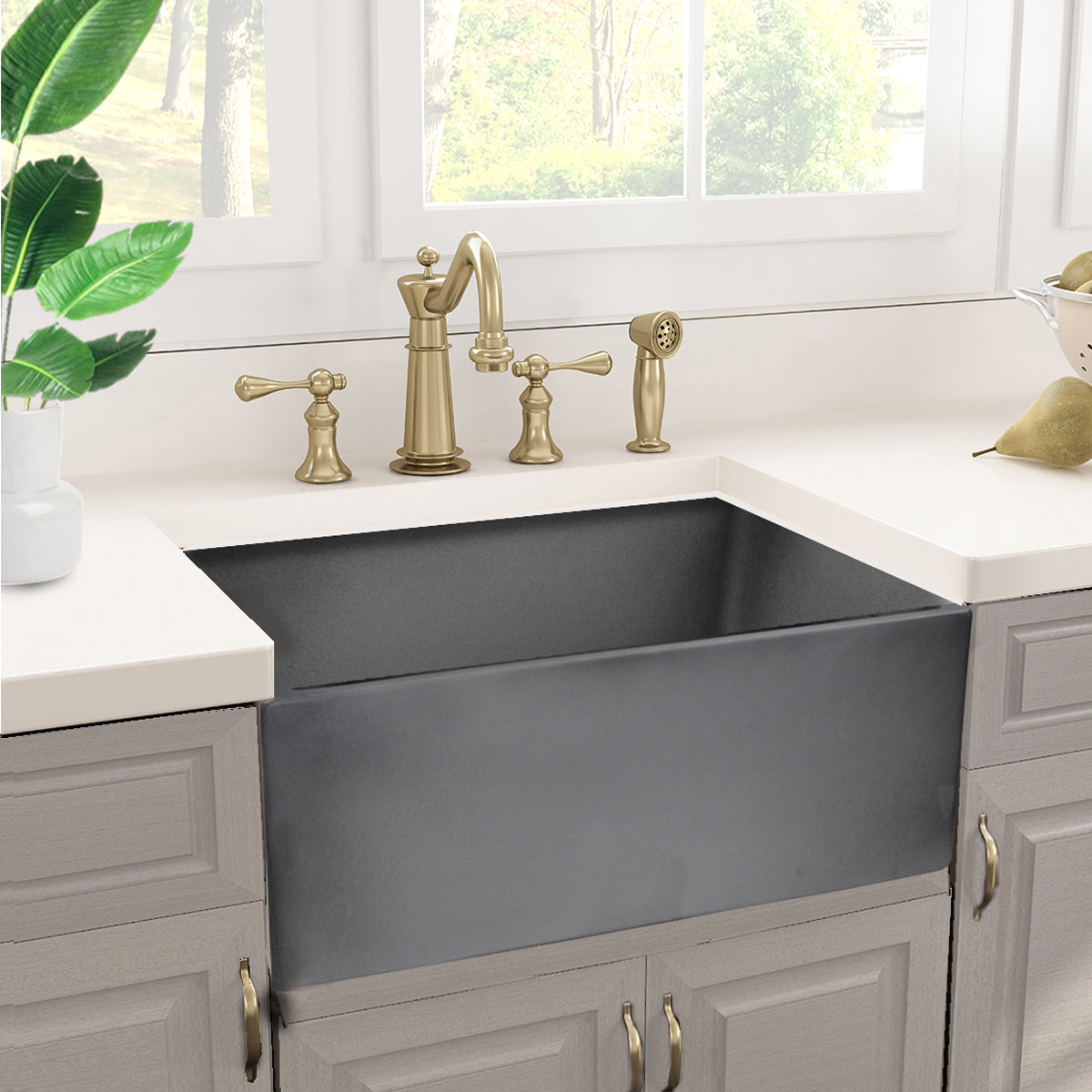 Nantucket Sinks Vineyard Collection 23" Rectangle Undermount Porcelain Enamel Glaze Grey Fireclay Single Bowl Farmhouse Apron Kitchen Sink With Concrete Finish