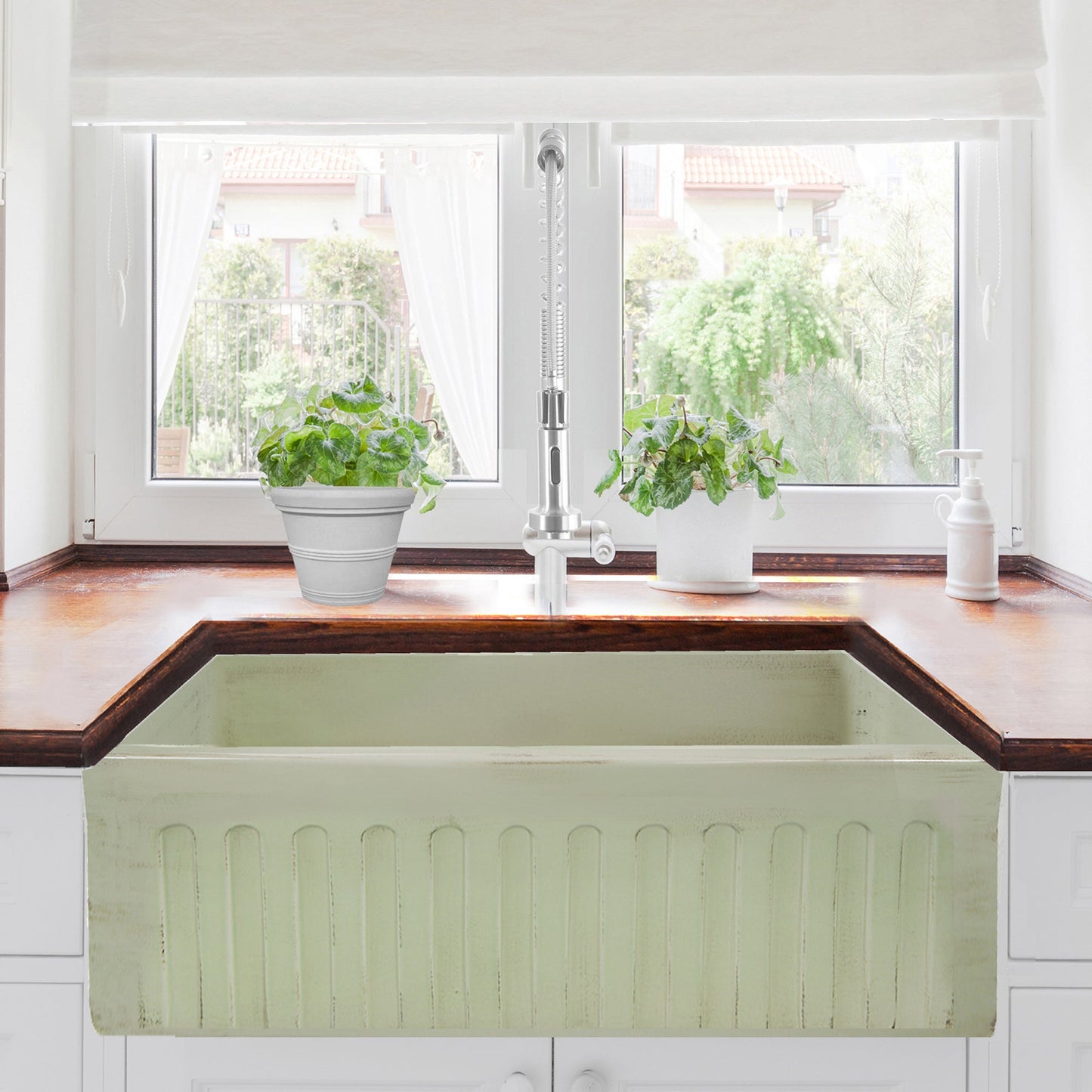 Nantucket Sinks Vineyard Collection 30" Rectangle Undermount Porcelain Enamel Glaze Light Green Fireclay Single Bowl Farmhouse Apron Kitchen Sink With Shabby Green Finish