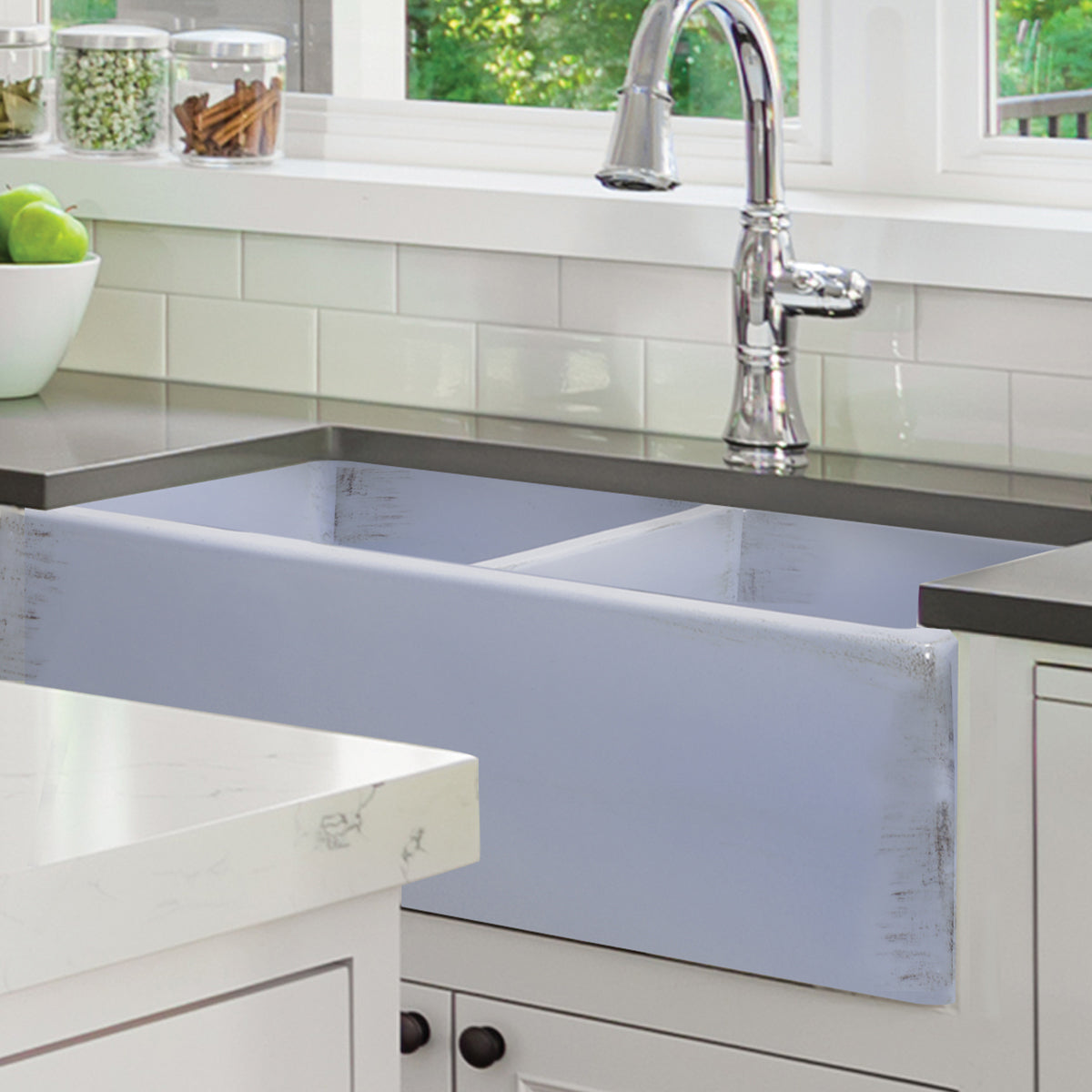 Nantucket Sinks Vineyard Collection 33" Rectangle Undermount Porcelain Enamel Glaze Light Blue Fireclay Double Bowl Farmhouse Apron Kitchen Sink With Shabby Sugar Finish