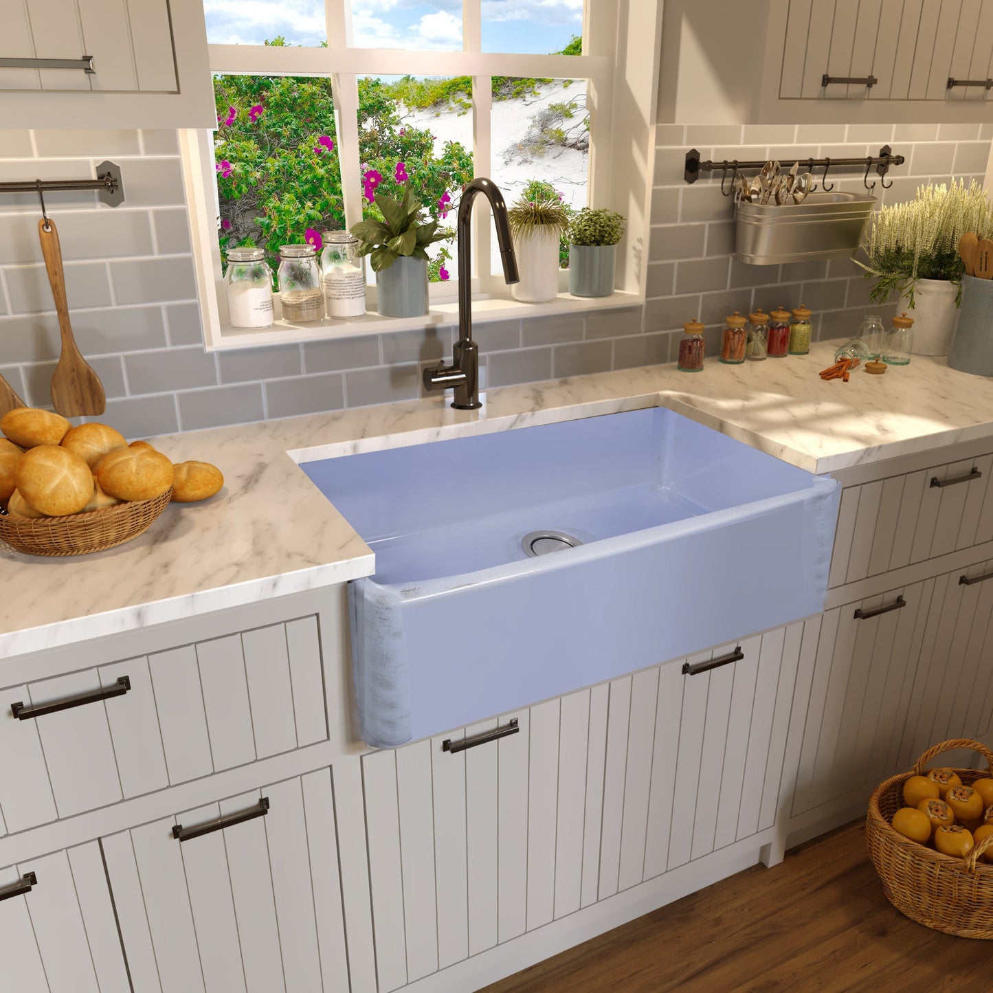 Nantucket Sinks Vineyard Collection 33" Rectangle Undermount Porcelain Enamel Glaze Light Blue Fireclay Single Bowl Farmhouse Apron Kitchen Sink With Shabby Sugar Finish