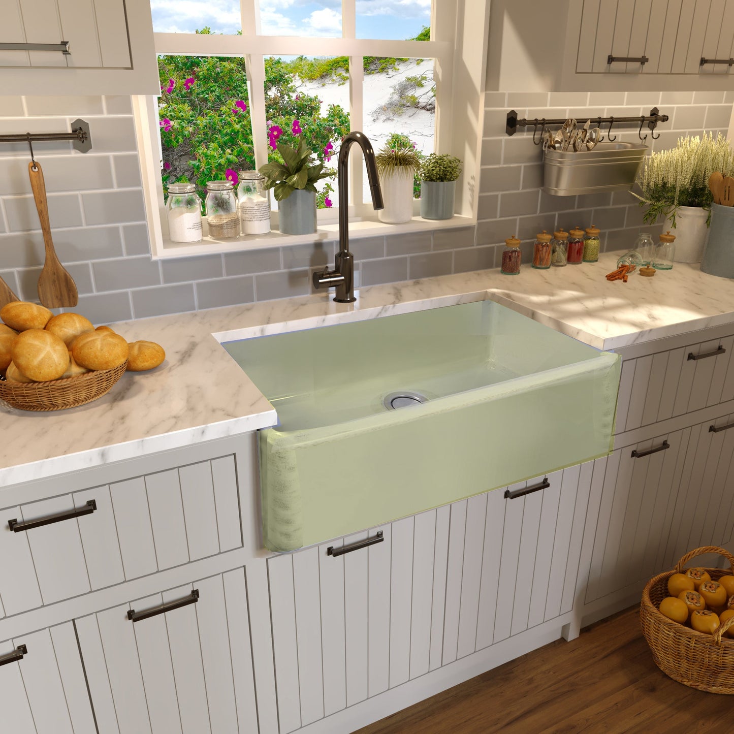 Nantucket Sinks Vineyard Collection 33" Rectangle Undermount Porcelain Enamel Glaze Light Green Fireclay Single Bowl Farmhouse Apron Kitchen Sink With Shabby Green Finish