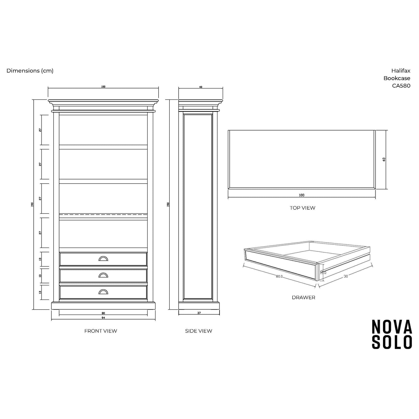 NovaSolo Halifax 39" Classic White Mahogany Book Cabinet With 3 Large Drawers