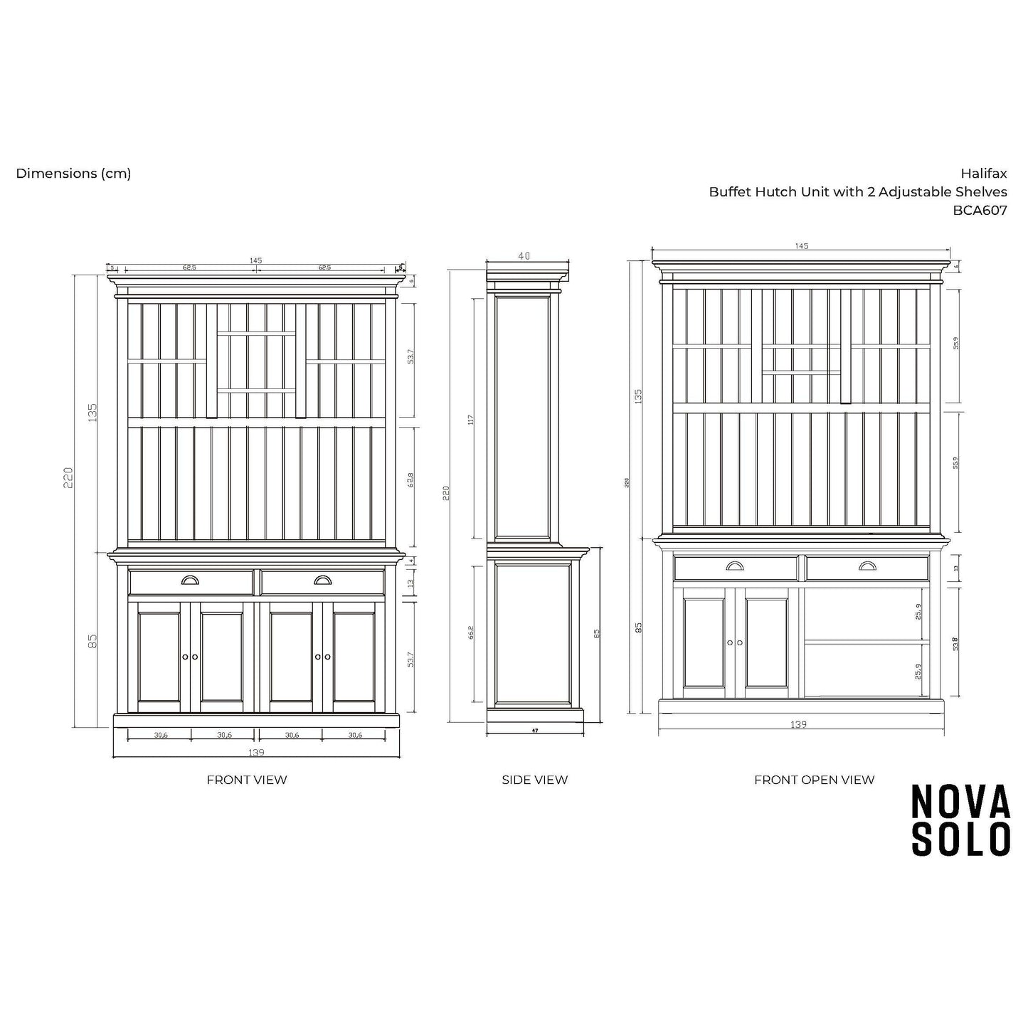 NovaSolo Halifax 57" Classic White Mahogany Buffet Hutch Cabinet With 4 Doors & 2 Adjustable Shelves