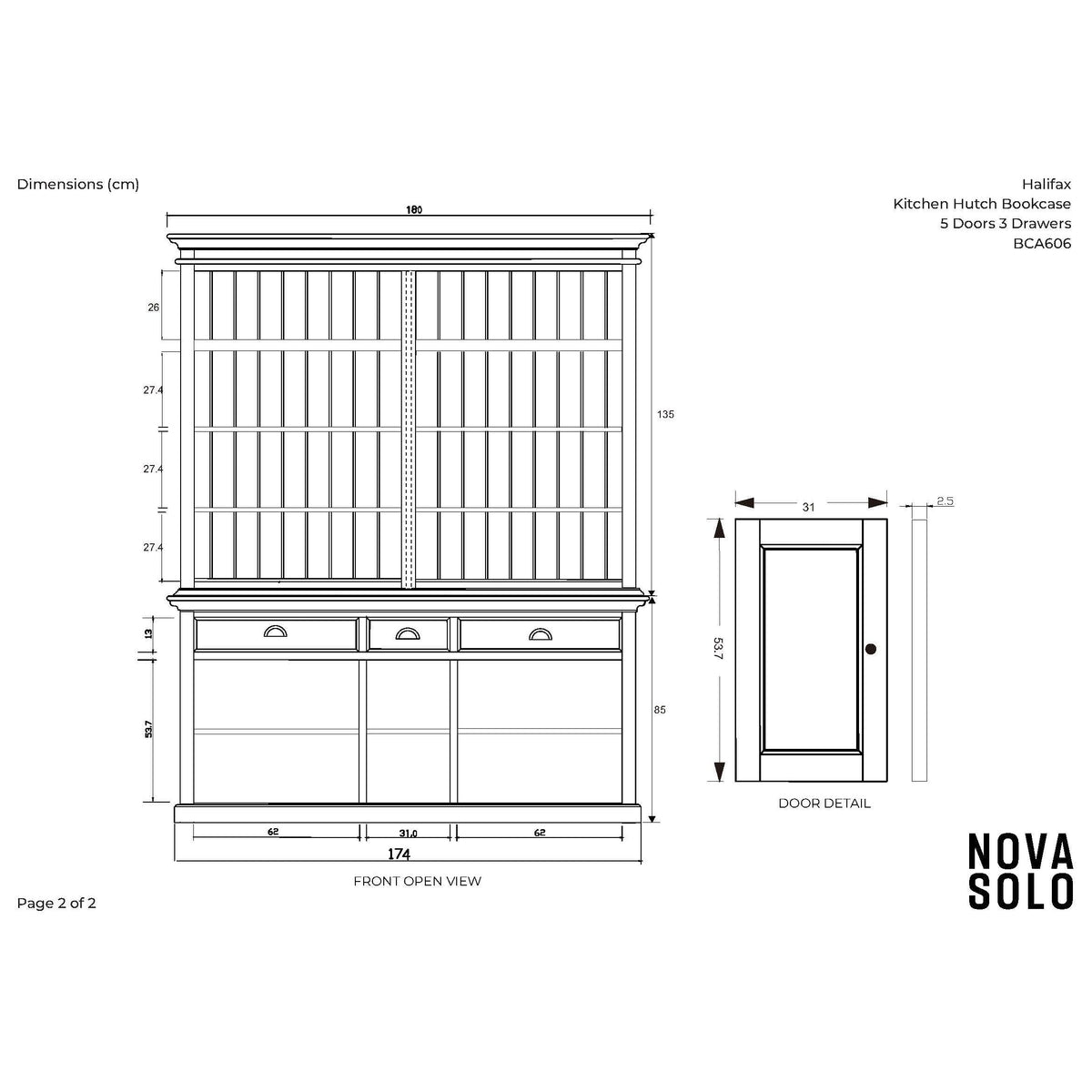 NovaSolo Halifax 71" Classic White Mahogany Bookcase Hutch Cabinet With 5 Doors & 8 Shelves