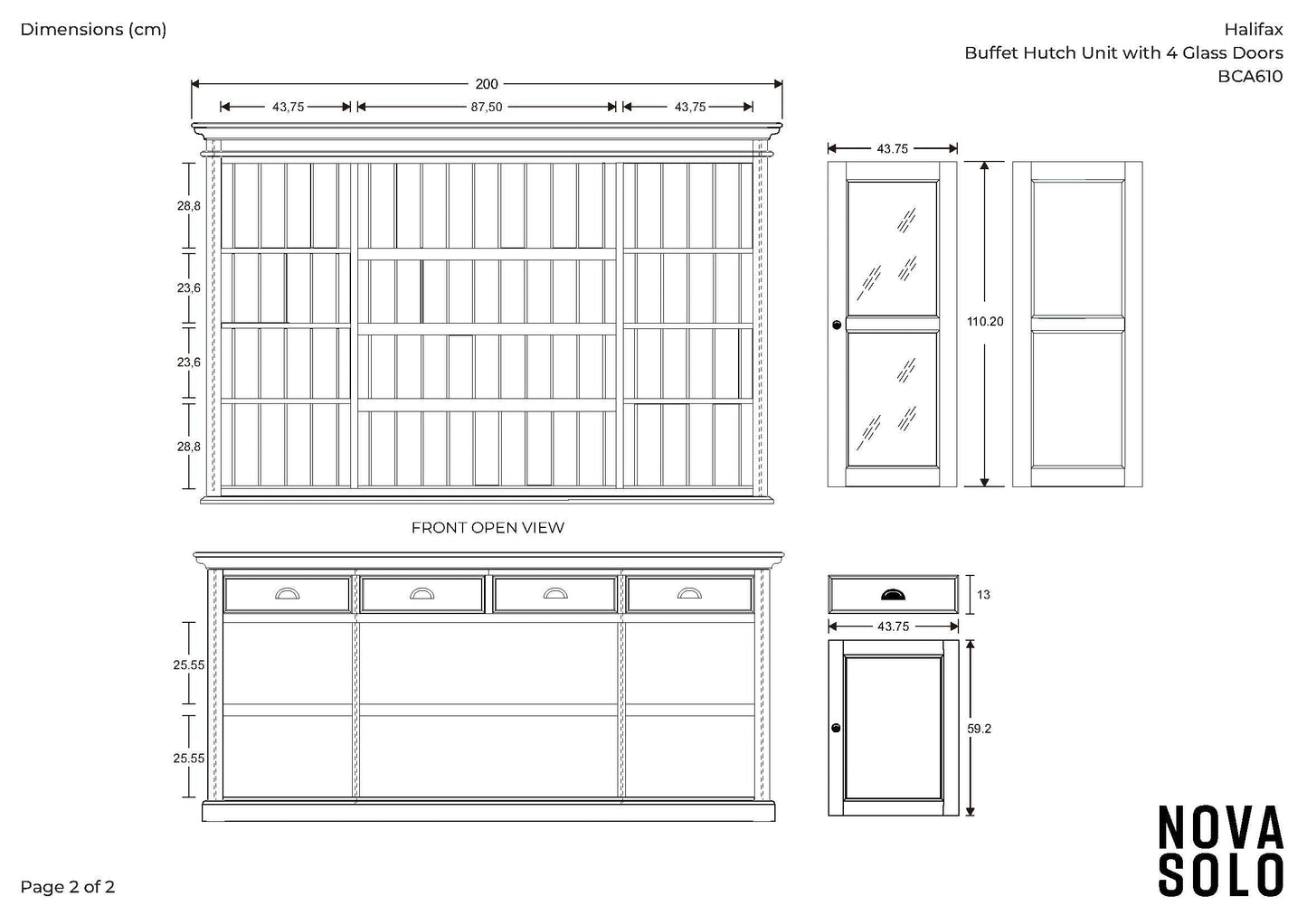 NovaSolo Halifax 79" Classic White Buffet Hutch Cabinet Unit With 4 Bevelled Glass Doors