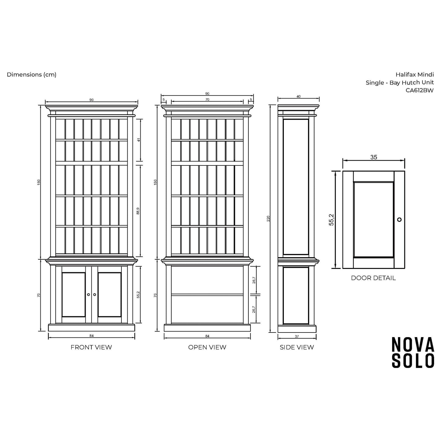 NovaSolo Halifax Mindi 35" Black Mindi Wood Single-Bay Hutch Cabinet With 2 Doors & 5 Shelves