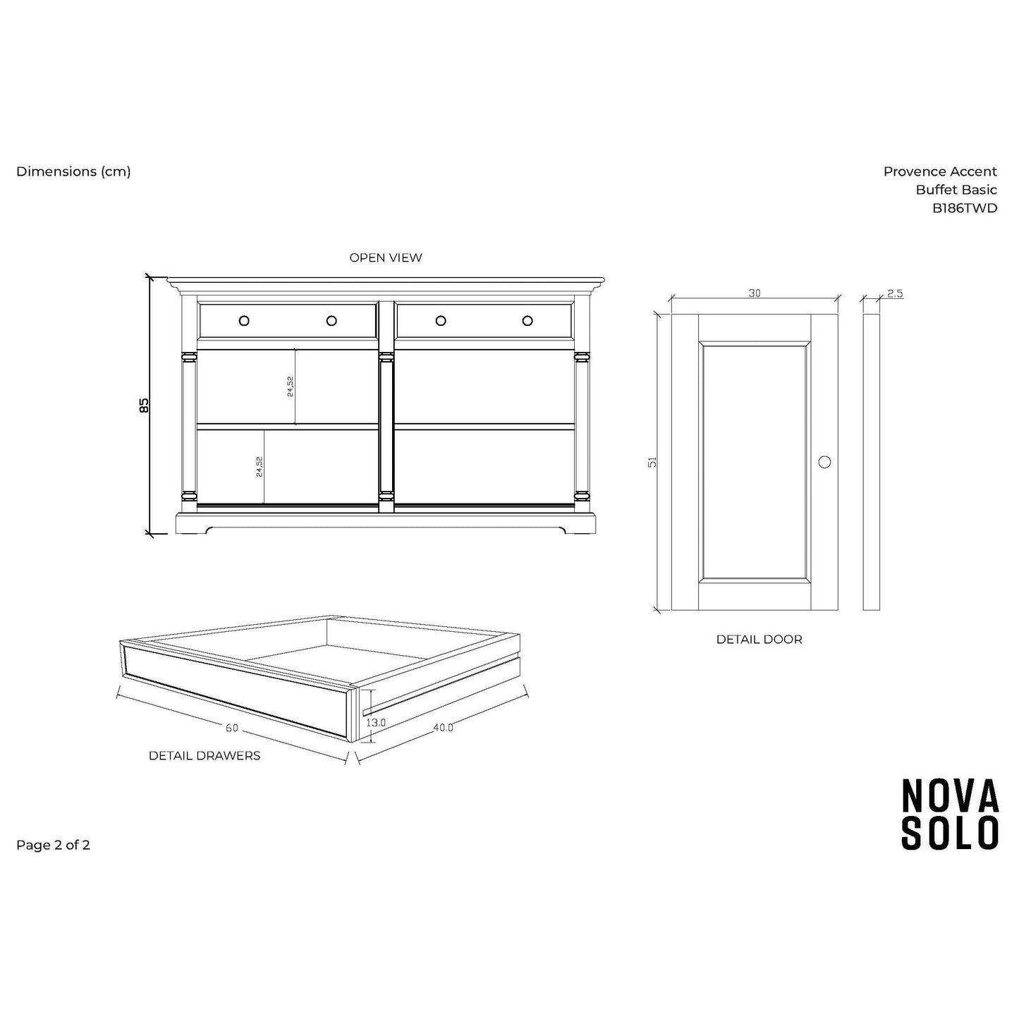 NovaSolo Provence Accent 57" White & Brown Mahogany Buffet With 4 Doors & 2 Drawers