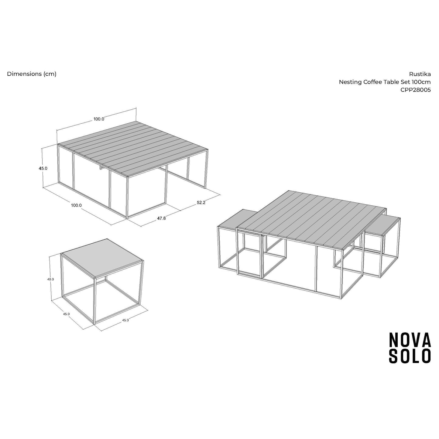 NovaSolo Rustika 39" Black Rustic Boat Wood Coffee Table With 2 Nested Side Tables