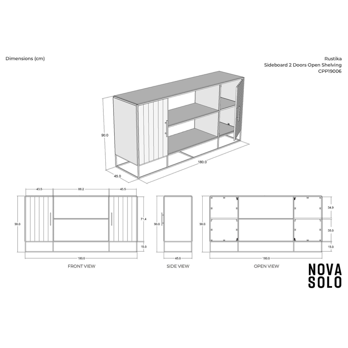 NovaSolo Rustika 71" Black Rustic Boat Wood Buffet With 2 Doors & Open Shelving