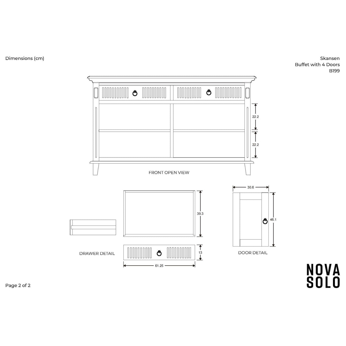 NovaSolo Skansen 57" Classic White Mahogany Buffet With 4 Doors & 2 Drawers