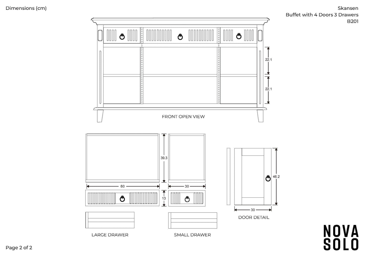 NovaSolo Skansen 57" Classic White Mahogany Buffet With 4 Doors & 3 Drawers