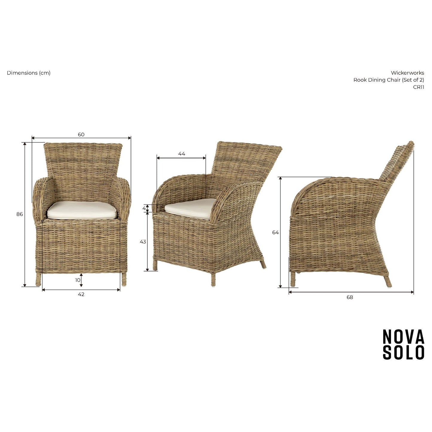NovaSolo Wickerworks Collection 24" Hand-woven Natural Split Rattan 2 Rook Dining Chairs