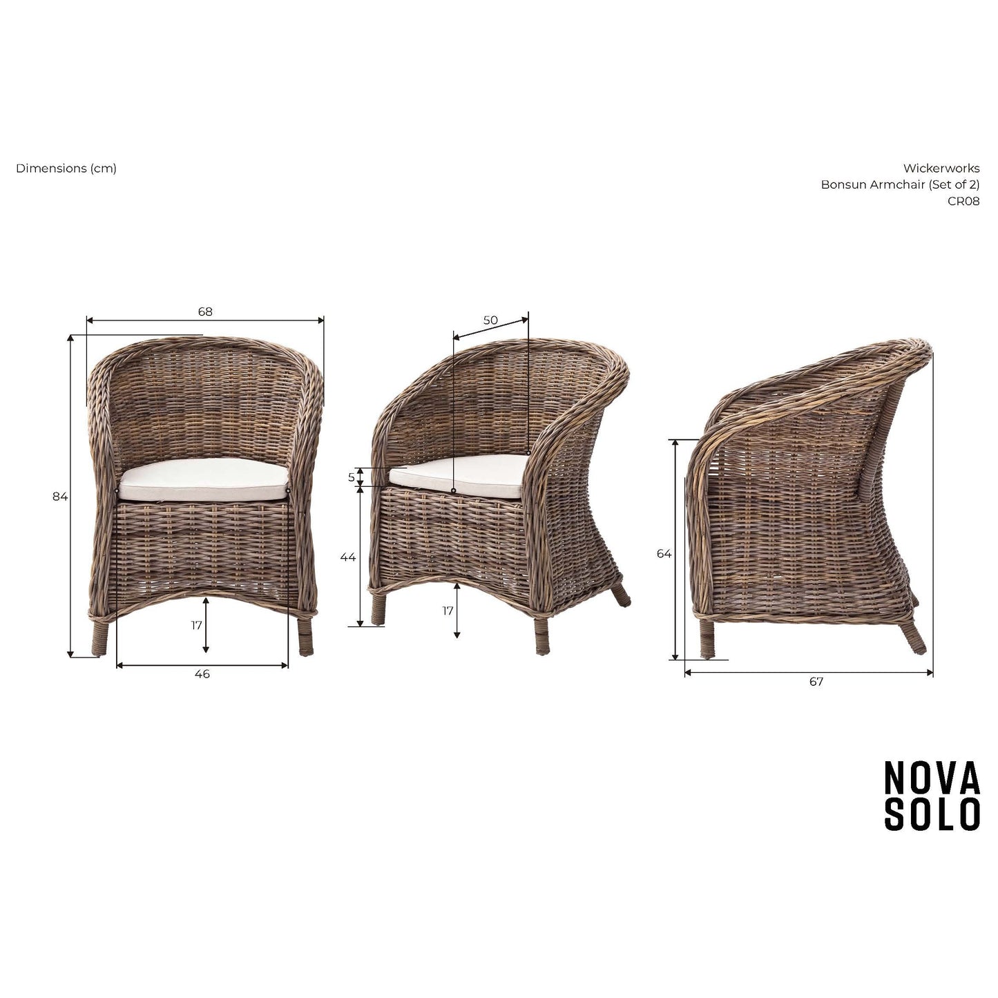NovaSolo Wickerworks Collection 27" Hand-Woven Natural Kubu Rattan 2 Bonsun Armchairs