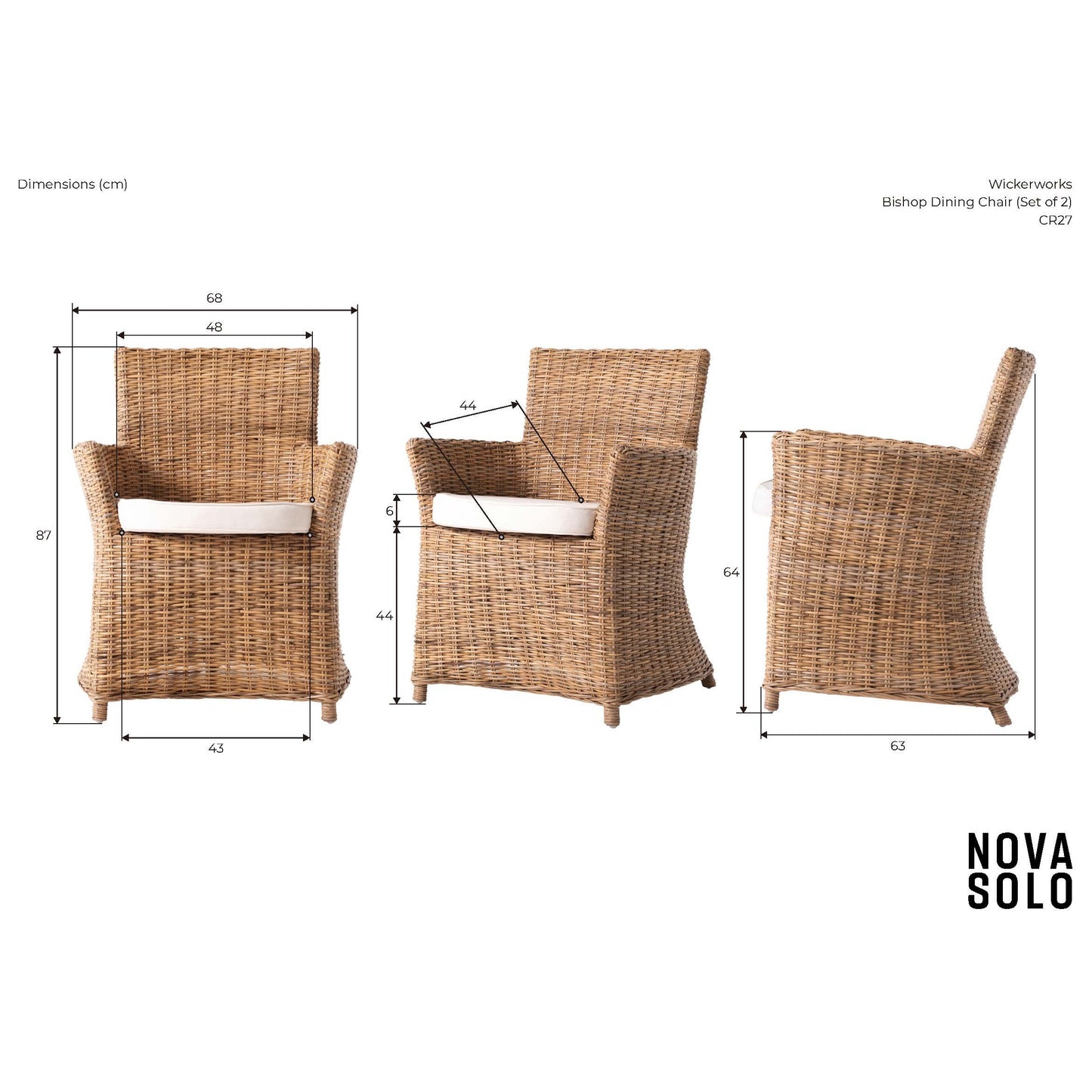 NovaSolo Wickerworks Collection 27" Split Rattan 2 Bishop Dining Chairs