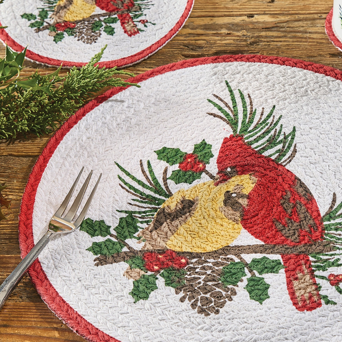 Park Designs Holiday Cardinal Love Print Braid Placemat 15" Dia - Set of 12