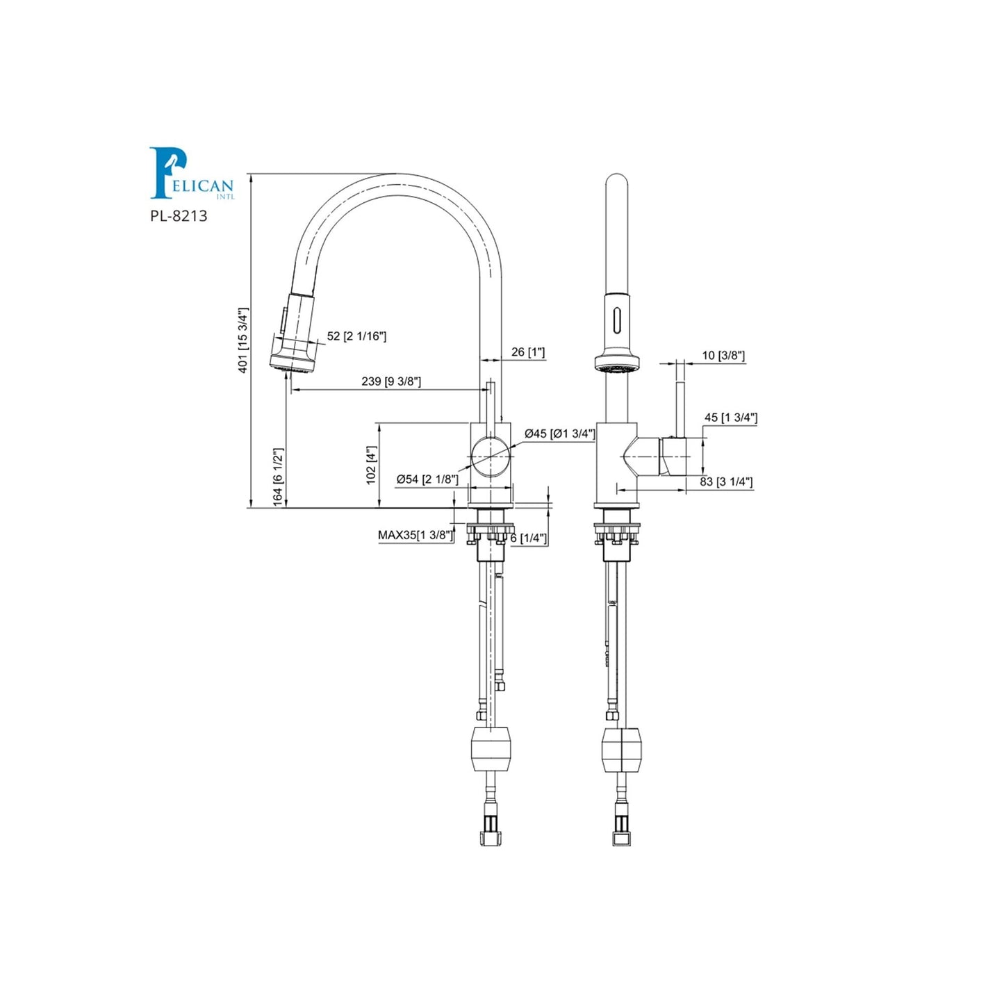 Pelican International Fountain Series 16" Chrome Single Hole Kitchen Faucet