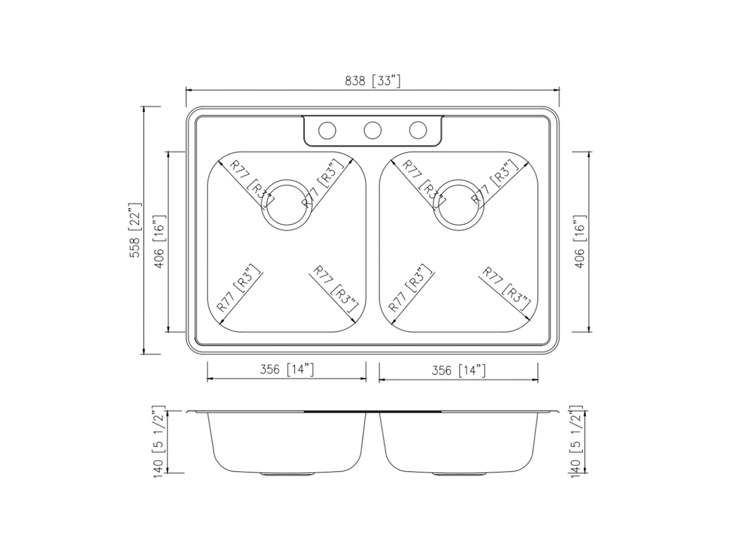 Pelican International Signature Series 33" x 22" Stainless Steel Double Bowl Three Faucet Holes, Top Mount Kitchen Sink (ADA Compliant)