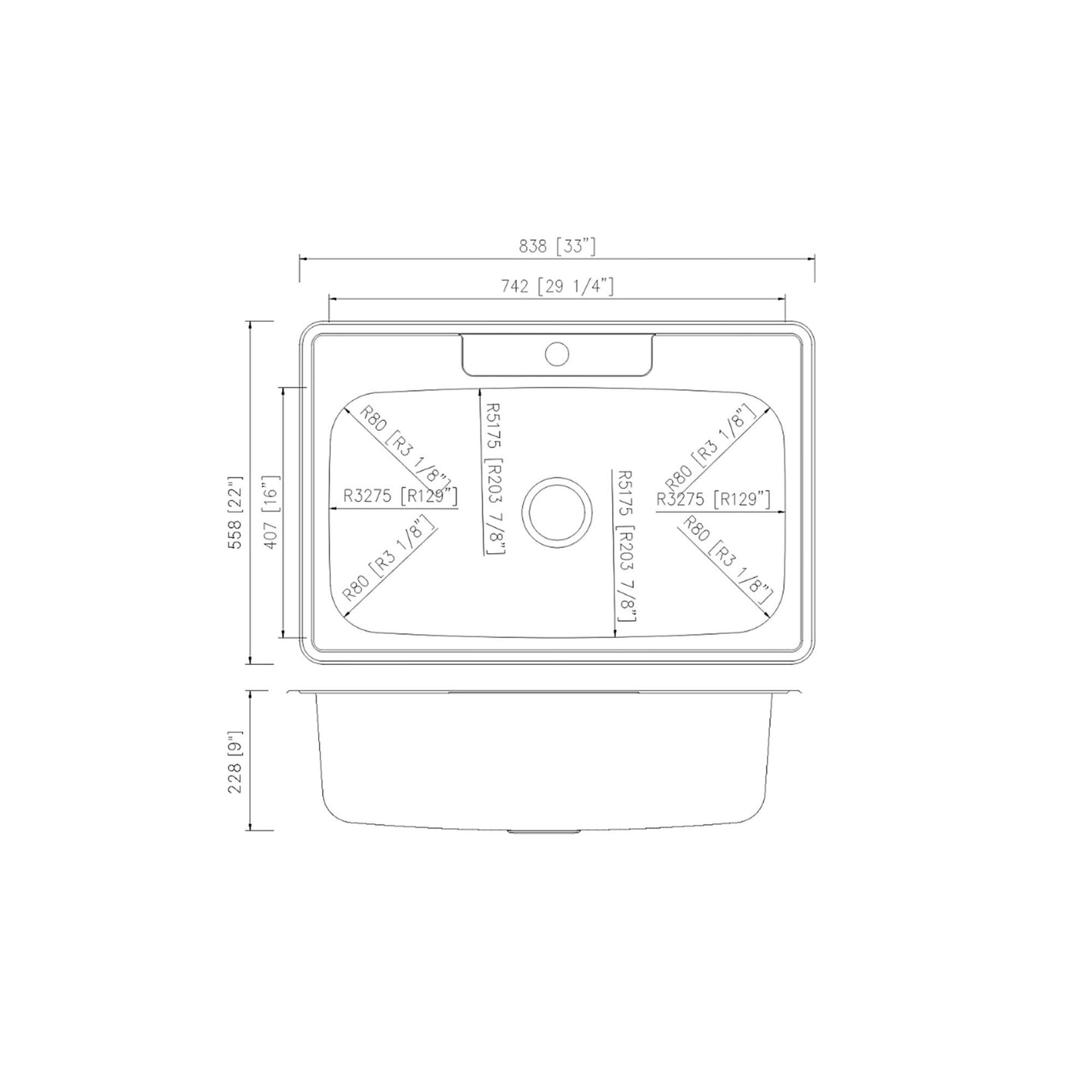 Pelican International Signature Series 33" x 22" Stainless Steel Single Bowl One Faucet Hole, Top Mount Kitchen Sink