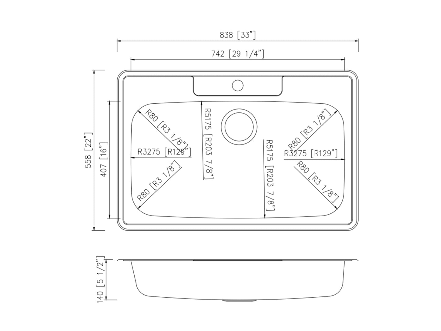 Pelican International Signature Series 33" x 22" Stainless Steel Single Bowl One Faucet Hole, Top Mount Kitchen Sink (ADA Compliant)