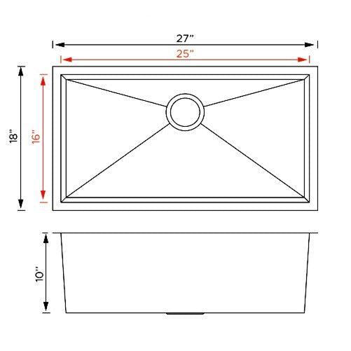 Pelican Int'l Handmade Series PL-HA111 R0 16 Gauge Stainless Steel Undermount Kitchen Sink 27" x 18" with Zero Radius Corners
