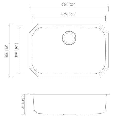 Pelican Int'l Signature Series PL-VS2718 ADA Compliant 18 Gauge Stainless Steel Single Bowl Undermount Kitchen Sink 27" x 17 3/4"
