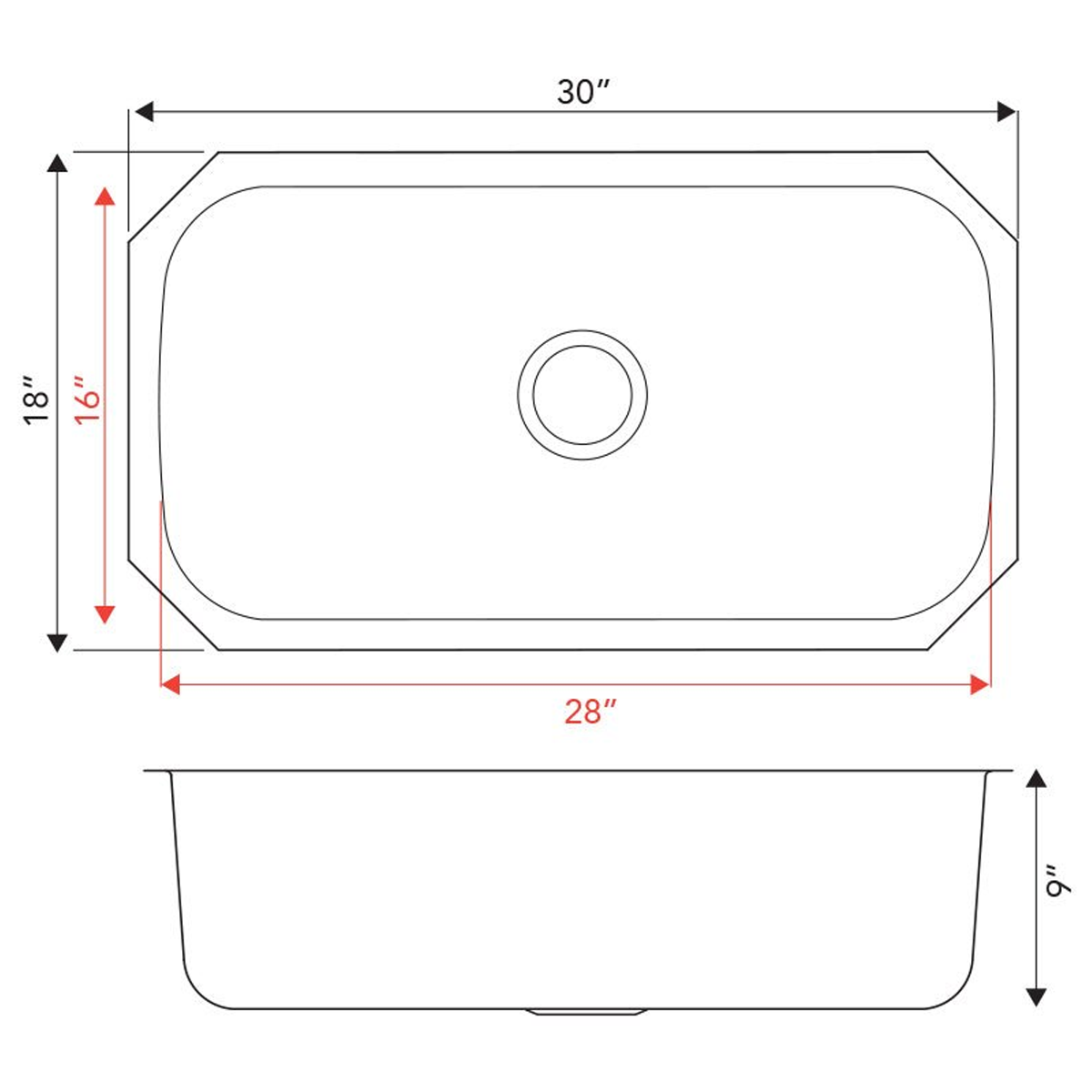 Pelican Int'l Signature Series PL-VS3018 16 Gauge Stainless Steel Single Bowl Undermount Kitchen Sink 30" x 18"
