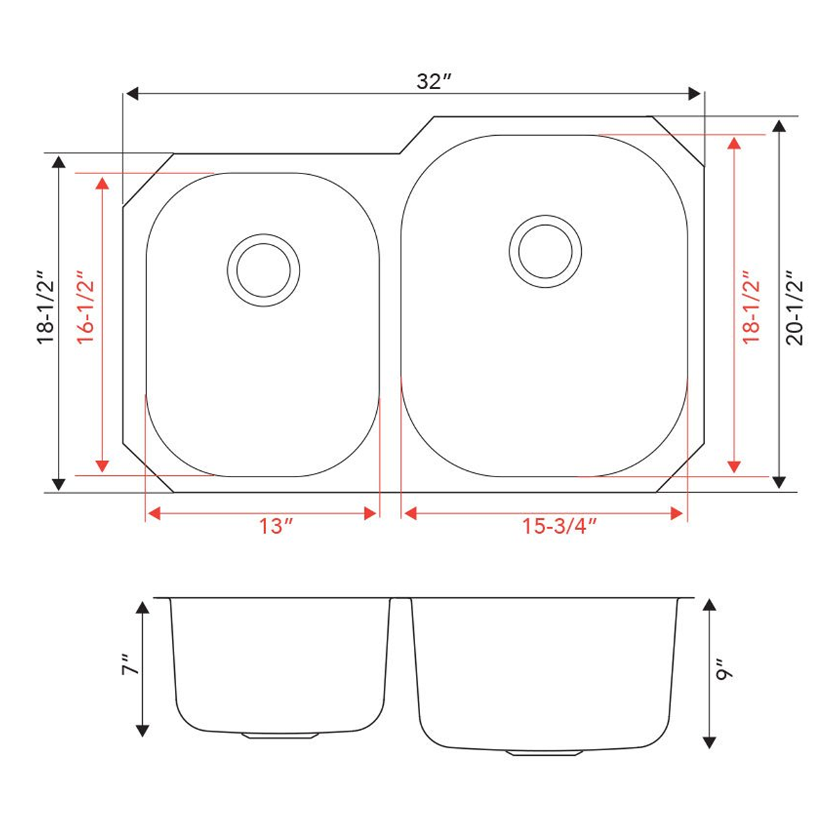 Pelican Int'l Signature Series PL-VS4060 18 Gauge Stainless Steel Double Bowl Undermount Kitchen Sink 32" x 20 1/2"