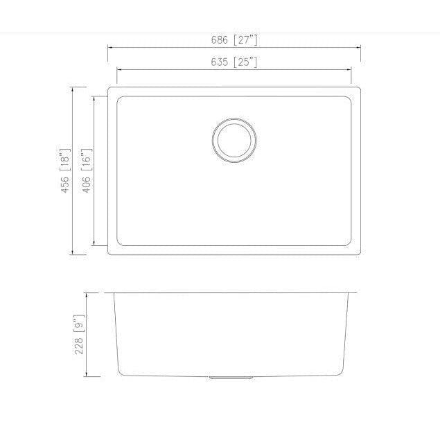 Pelican Int'l Urban Series PL-VR2718 R20 18 Gauge Stainless Steel Undermount Kitchen Sink 27" x 18" with Low Radius Corners
