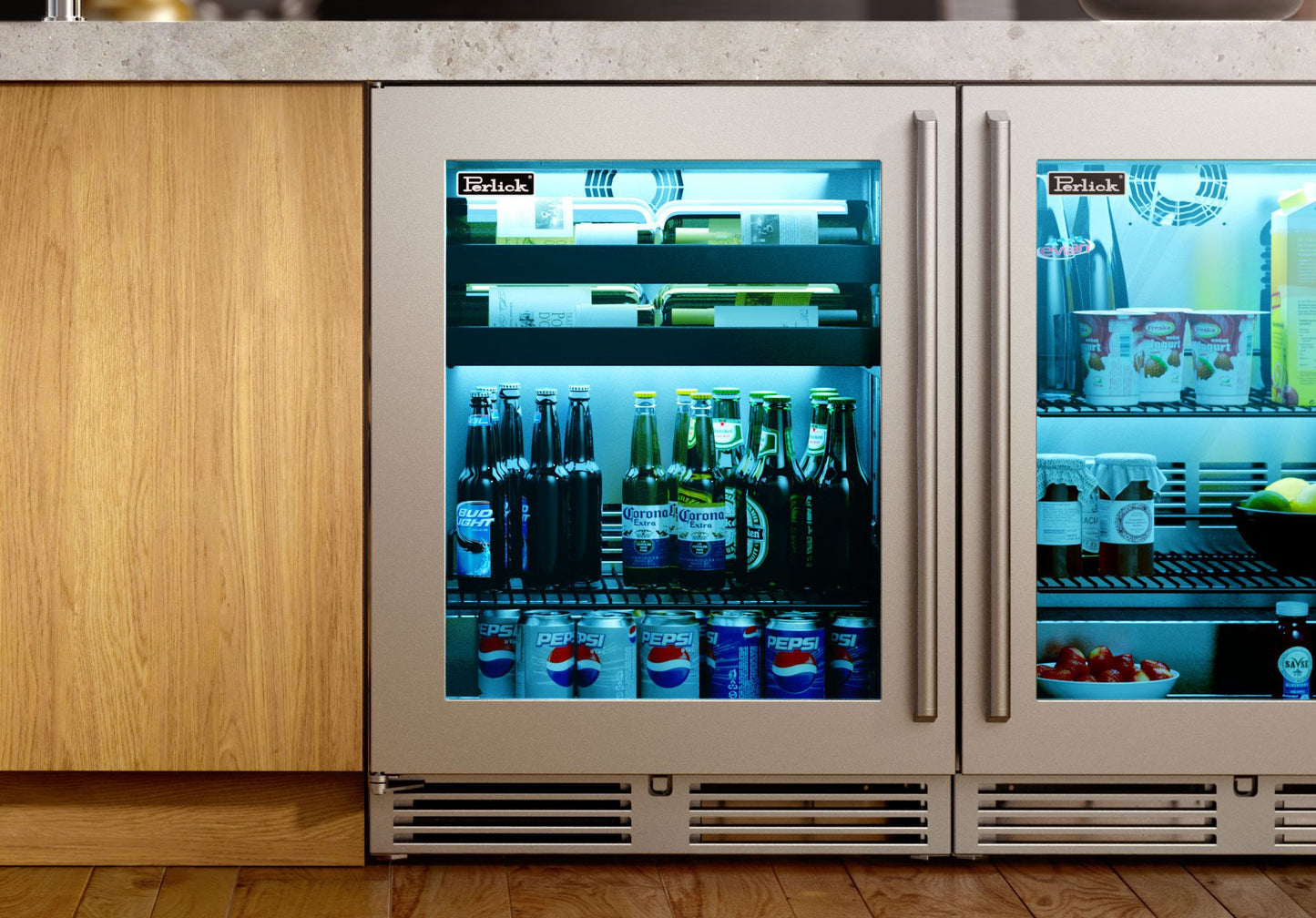 Perlick Signature Series 24" Marine Shallow Depth Beverage Center with Stainless Steel Glass Door Hinge Left