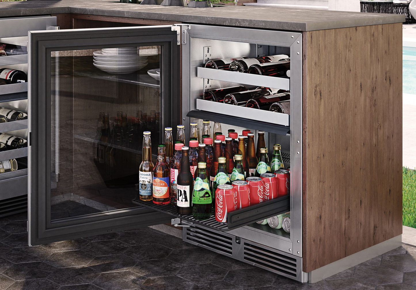 Perlick Signature Series 24" Outdoor Dual-Zone Refrigerator/Wine Reserve with Stainless Steel Glass Door Hinge Left with Lock