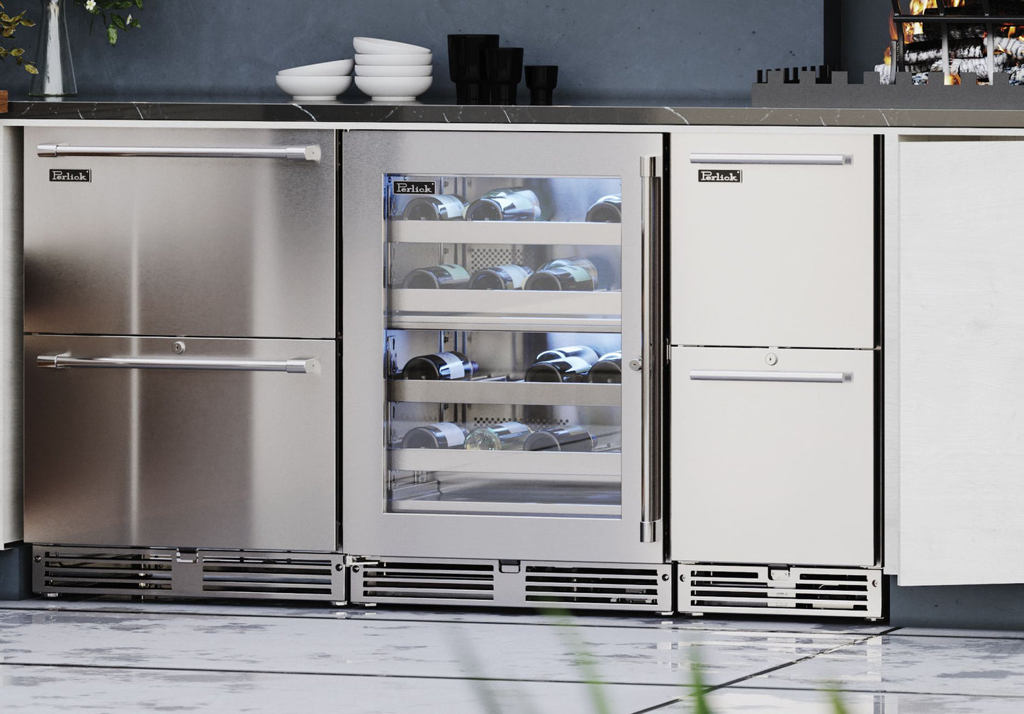Perlick Signature Series 24" Outdoor Dual-Zone Wine Reserve with Stainless Steel Glass Door Hinge Left with Lock