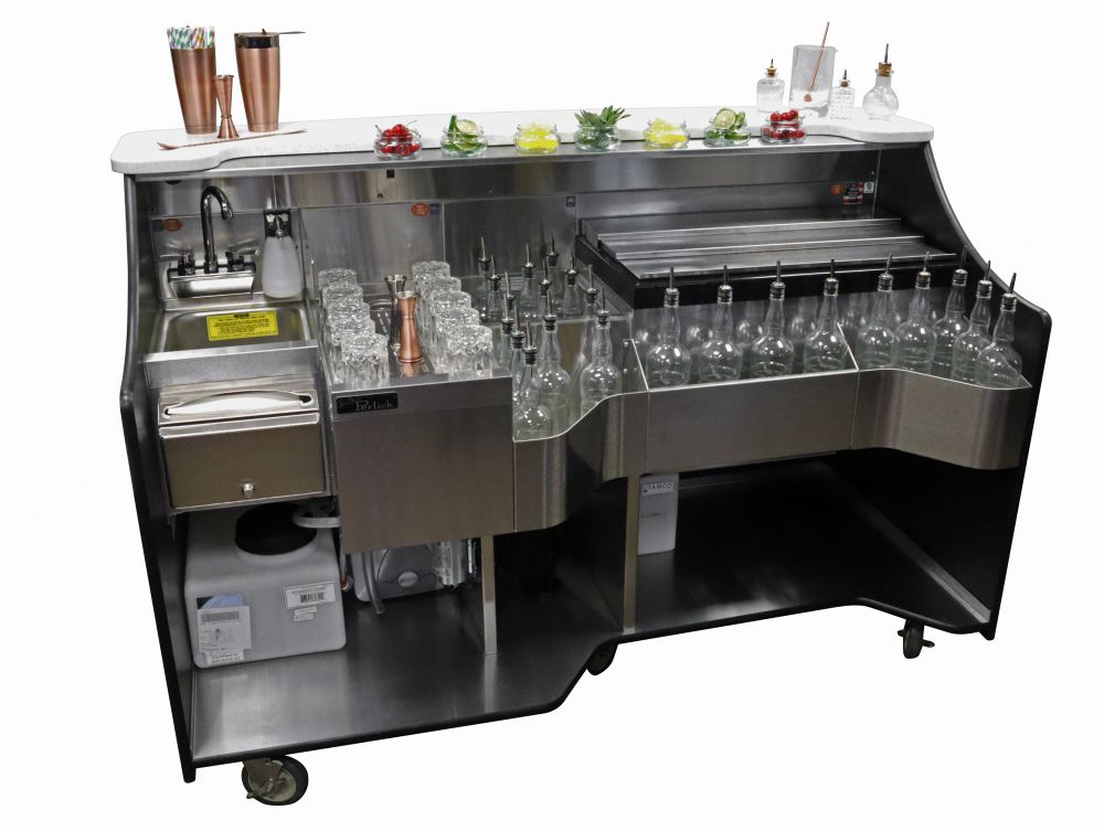 Perlick Tobin Ellis Signature Series 70" Mobile Bar One Drainboard Bottle Well Ice Chest Bottle Rail Hand Wash Sink Hot Water Heater